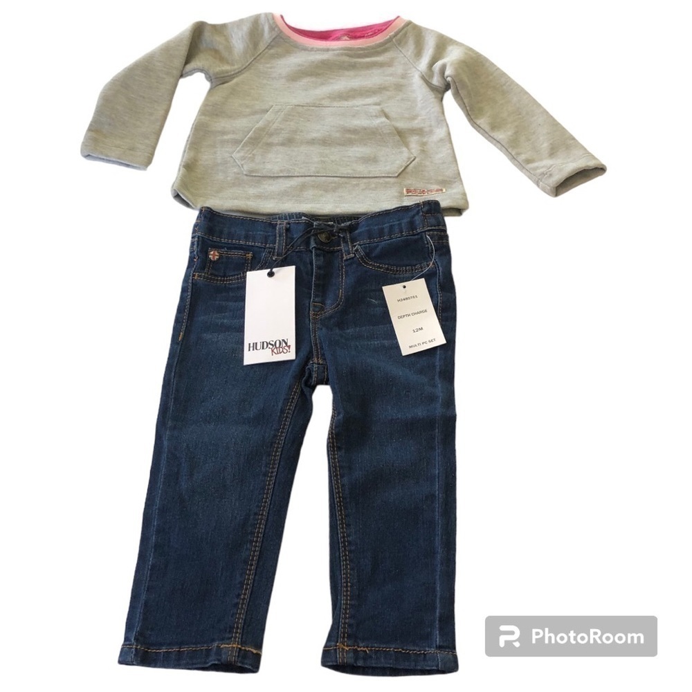 Hudson Kids Baby Girl Depth Charge Sweatshirts Jeans Matching 2Pc Set Size 12M